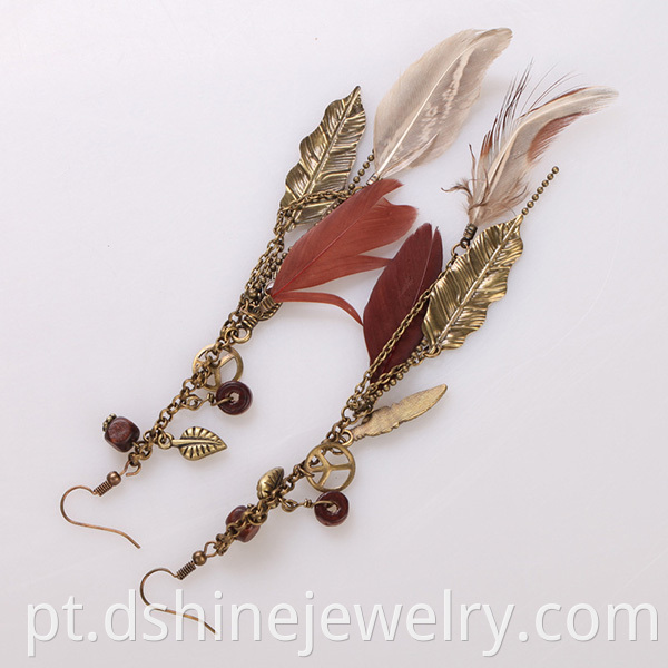 Long Feather Earrings With Peace Charms